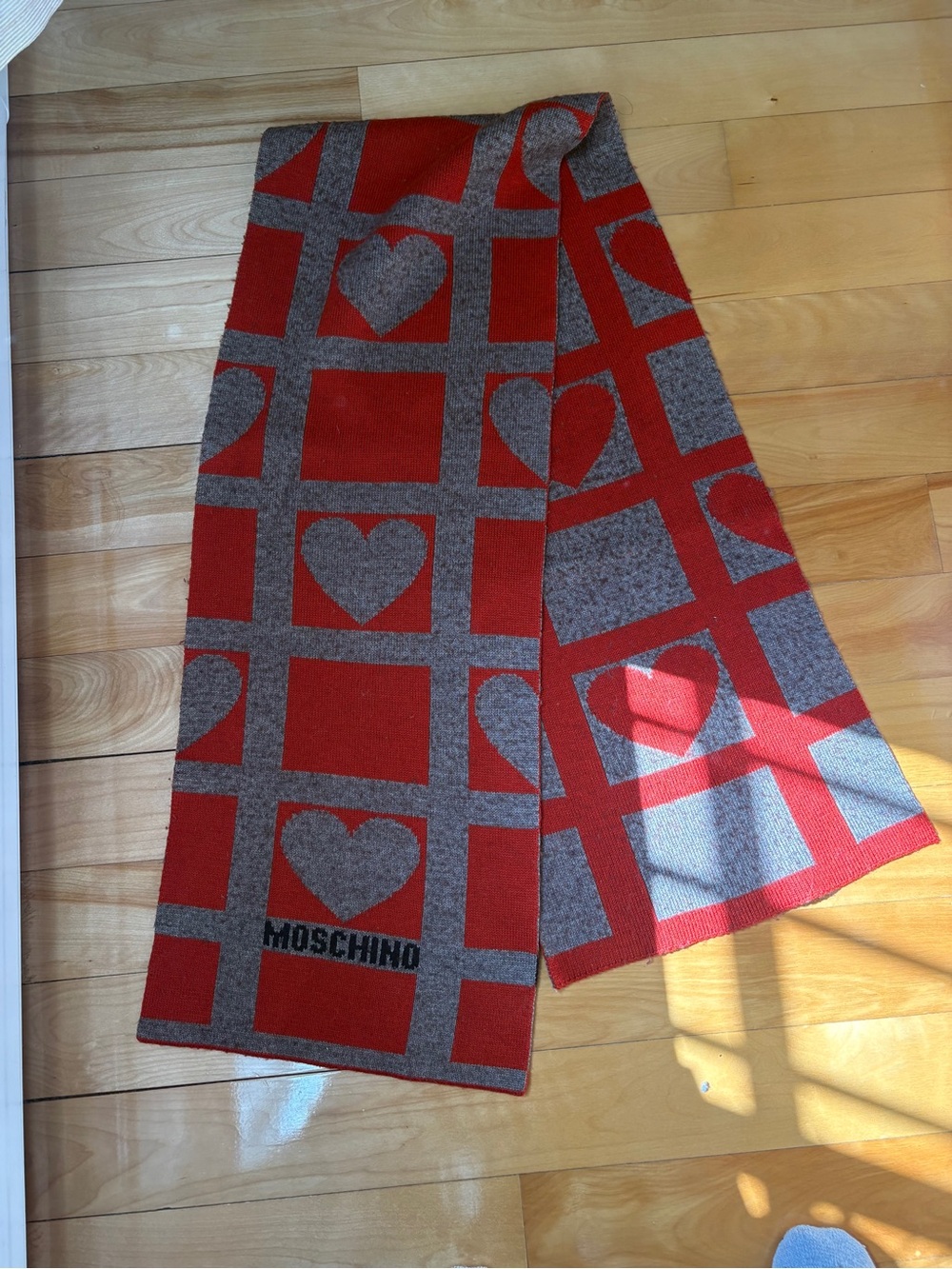 Moschino Red and Gray Heart Wool Scarf